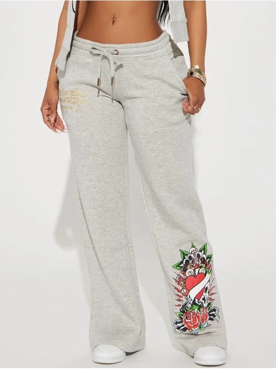 Ed Hardy Pants - Ed Hardy Heart Of Roses Grey Wide Leg Sweat Pants NWT Size S